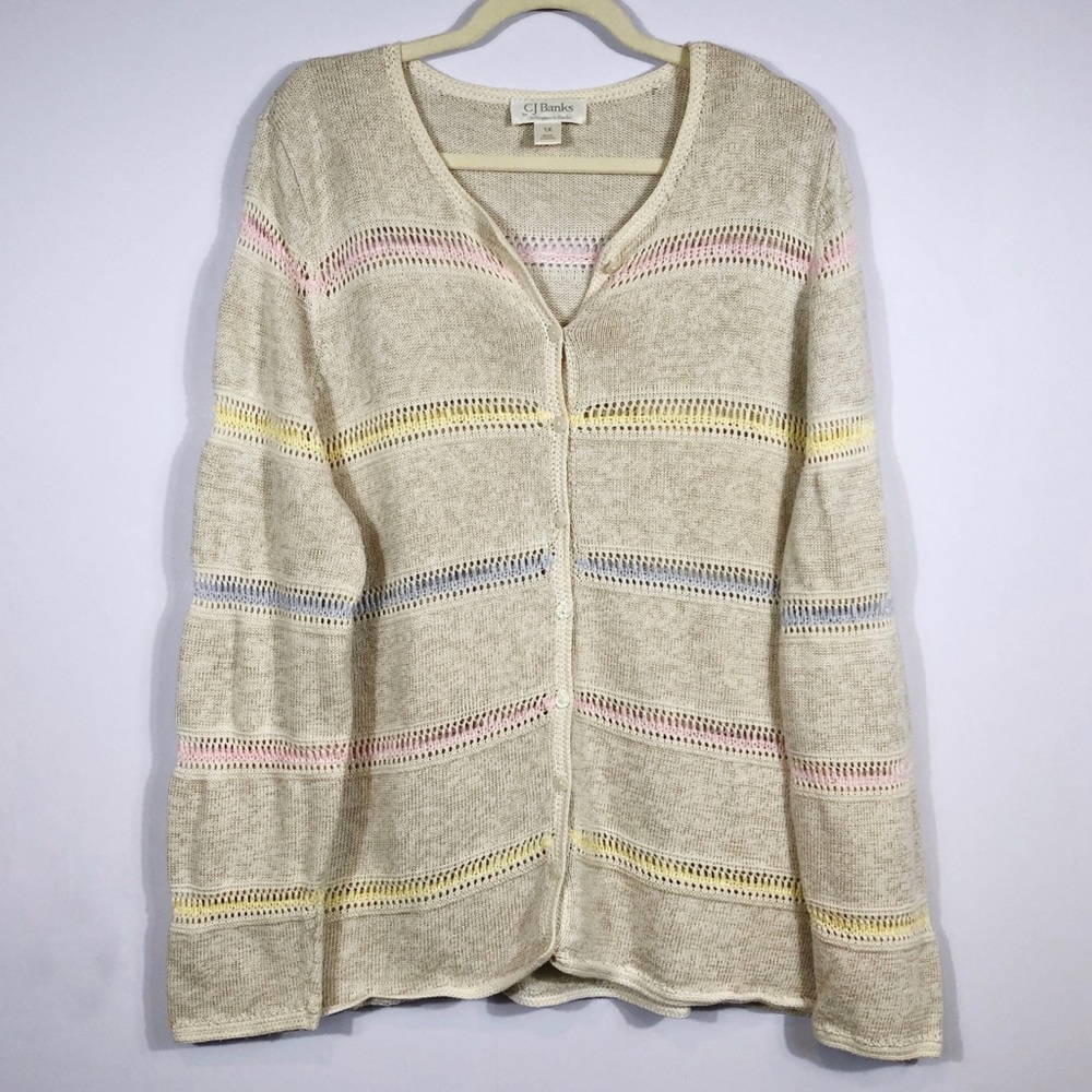 CJ Banks Cream & Pastel Button Up Cardigan - Picture 1 of 5